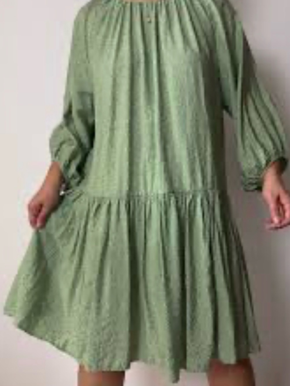 H&M Sage Green Tiered Mini Dress with Balloon Sleeves Size Small